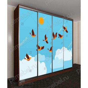 Шкаф купе с фотопечатью векторная иллюстрация "стая птиц летит в небе с облаками и солнцем"