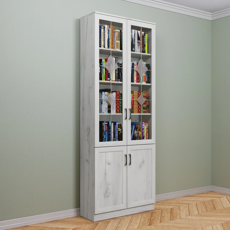 Книжный шкаф 2/3 с витражом дуб крафт белый