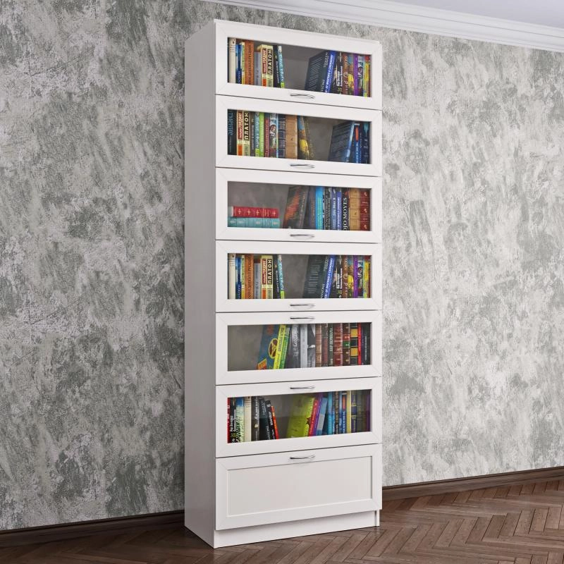 Узкий книжный шкаф с ящиками белого цвета фото 1