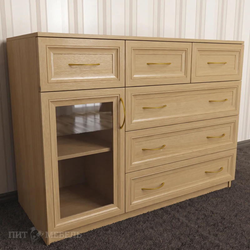 широкий комод для белья со шкафчиком с шестью ящиками цвета бук фото 1