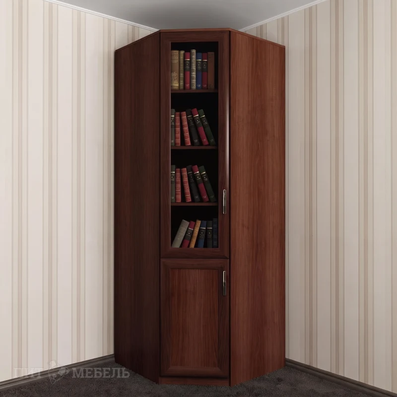 Книжный 1-дверный угловой шкаф в кабинет со стеклянными дверцами цвета итальянский орех фото 1