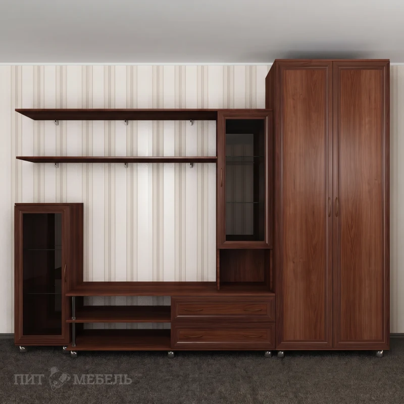 Стенка-горка с двумя витражными сервантами в зал Палермо-8 цвет итальянский орех фото 1