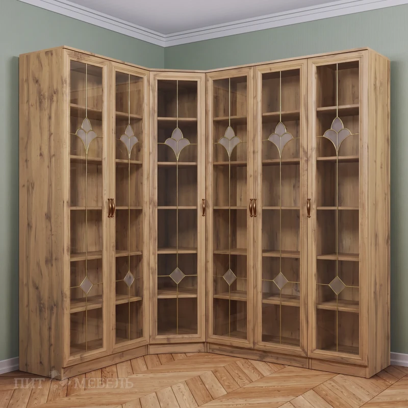 Книжный распашной шкаф угловой в кабинет цвет дуб крафт золотой фото 1