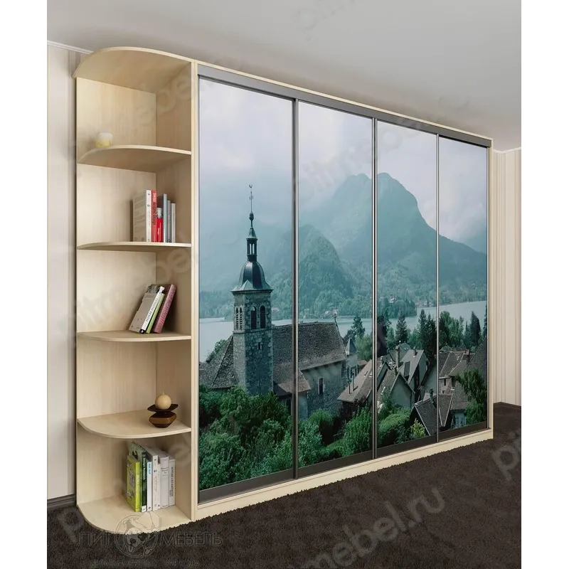 4 створчатый шкаф купе в комнату с полками и фотопечатью "горы и город" цвет молочный дуб фото 1