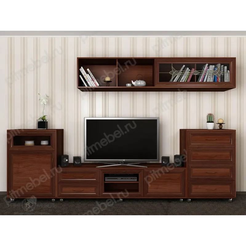 Стенка под тв Шагрэ с витражом, полками для книг и комодом цвет итальянский орех фото 1